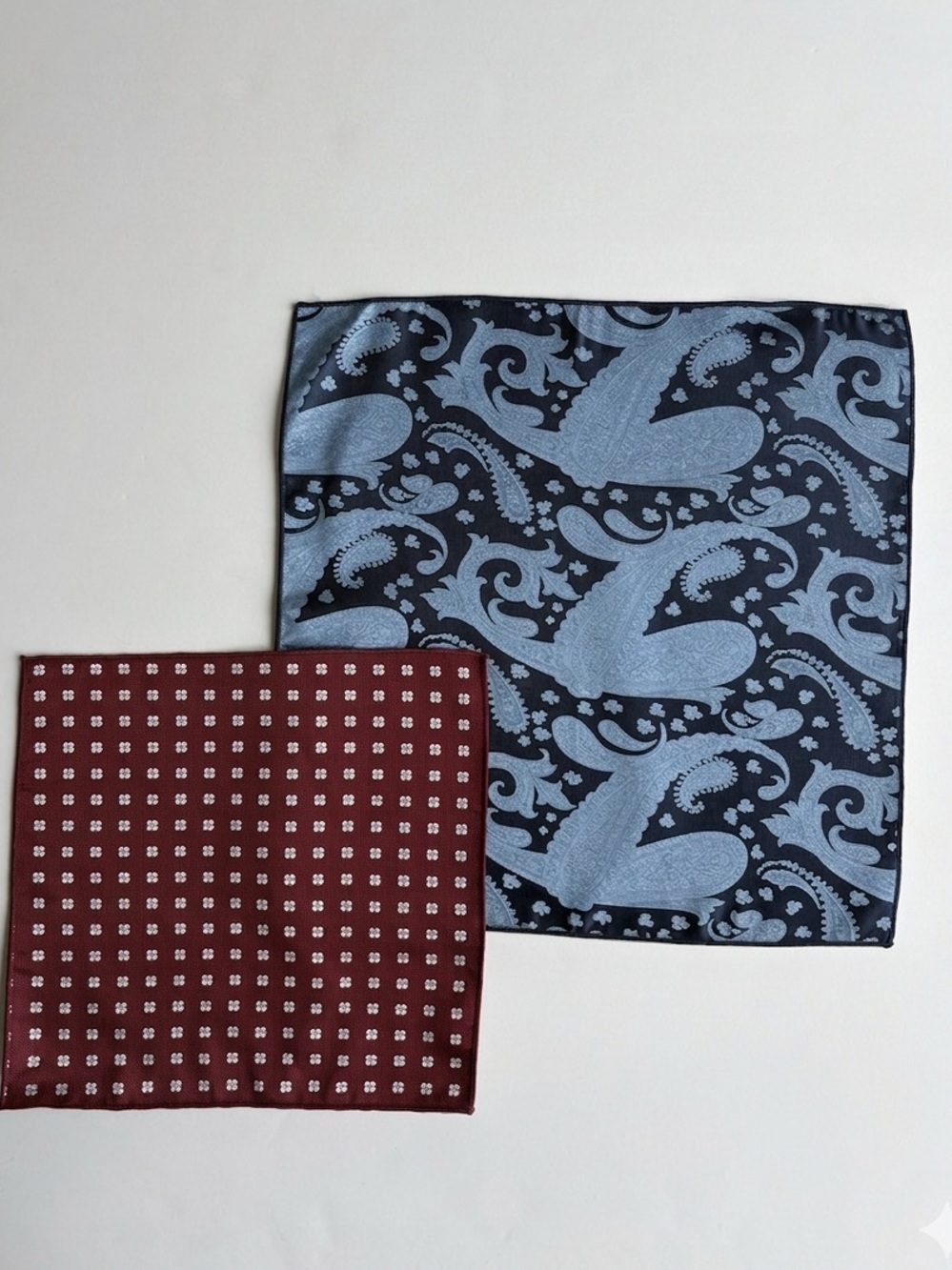 Men’s Pocket Squares Bundle of 2 - Blue Paisley / Red Floral Timeless Classic